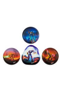 Set von vier Spiel-Themen-Untersetzern mit lebhaften Farben, glänzender Oberfläche und Charakterillustrationen auf runden und unregelmäßigen Formen.