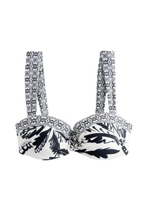Góra bikini w czarno-biały wzór z szerokimi ramiączkami oraz mieszanką geometrycznych i liściastych wzorów.