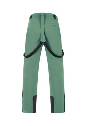 Grüne Outdoor-Hosen von hinten betrachtet, mit befestigten schwarzen Hosenträgern und verstärkten Patches an den inneren Unterschenkeln.