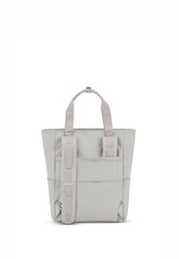 Ljusgrå tote-väska med två överhandtag, som har en strukturerad form, slitstarkt material, externa fickor och minimalistiska designelement.