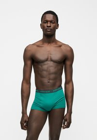 Μυώδης άνδρας όρθιος, φορεί πετρόλ μποξεράκια με μαύρη μέση και λογότυπο Björn Borg, σε απλό φωτεινό φόντο.