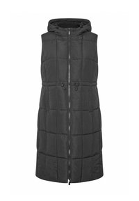 Svart ärmlös väst med dragkedja, huva, vatterad design och justerbar dragsnodd i midjan; har sidofickor.