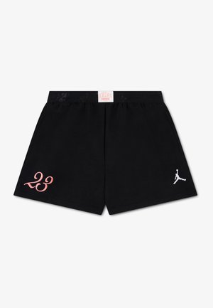 Sorte atletikshorts lavet af blødt stof, med pink broderet "23" på venstre side og en hvid Jumpman-logo på højre side.