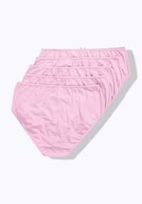 Slips di cotone rosa, confezione da cinque, realizzati in tessuto morbido e elastico, design a vita alta con cinturino elastico arricciato, texture liscia, senza motivi.