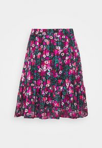 Jupe fleurie avec un fond noir et des fleurs roses, violettes et blanches éclatantes, un design à volants et une taille élastique.