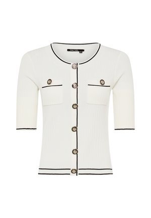 Weißes Kurzarm-Cardigan mit schwarzem Besatz, sechs dekorativen Knöpfen vorne und zwei Brusttaschen mit Knopfverschluss.