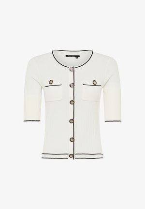 Weißes Kurzarm-Cardigan mit schwarzem Besatz, sechs dekorativen Knöpfen vorne und zwei Brusttaschen mit Knopfverschluss.