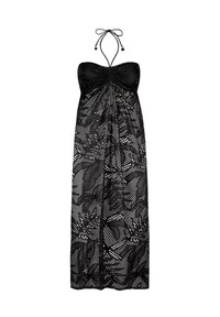 Czarna długa sukienka z marszczonym dekoltem i projektem na szyję. Posiada zwiewną spódnicę z kwiatowym i kropeczkowym wzorem. Gładka faktura.