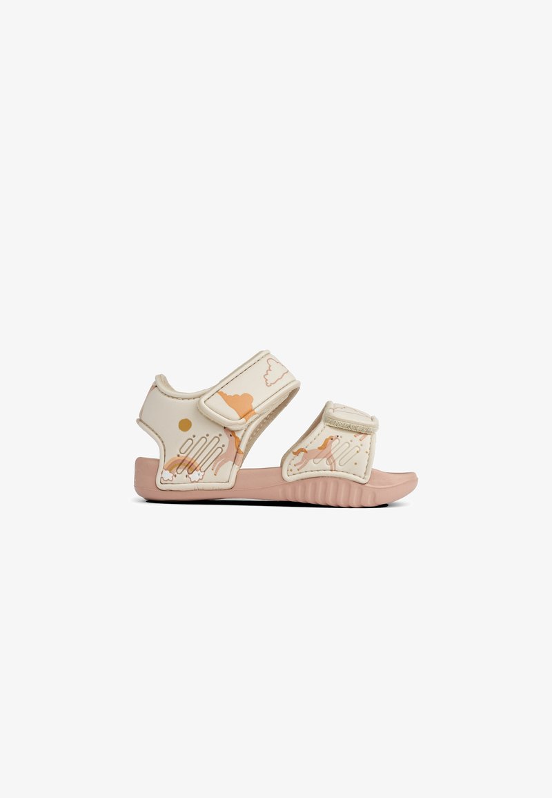 Sandale beige pour enfants avec semelle rose, dotée de deux brides ajustables et d'un motif de cheval et de nuage.