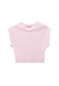 Jasnoróżowy, krótki t-shirt wykonany z miękkiej bawełny. Posiada okrągły dekolt oraz krótkie rękawy w luźnym kroju.