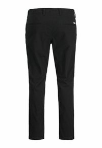 Black trousers with a straight fit, made of cotton, featuring two back pockets, belt loops, and a smooth texture. No visible patterns or accents.