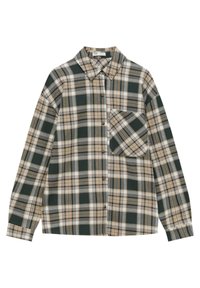 Lange mouwen knoopshirt met een beige, donkergroen en witte ruitpatroon en een borstzak met een diagonaal ruitontwerp.