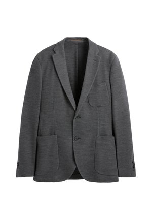 Donkergrijze herenblazer met notch-revers, twee knopen en drie buitenzakken, getoond op een witte achtergrond.
