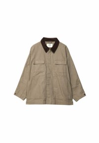 Khaki-Jacke mit einem braunen Cordkragen, zwei Brusttaschen und einem lockeren Schnitt. Das Material wirkt robust mit einer glatten Textur.