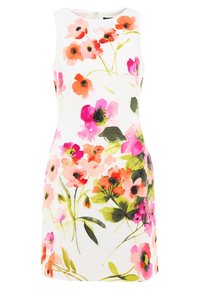 Blommig ärmlös klänning med vit bakgrund, prydd med färgglada mönster av rosa, orange och gröna blommor. Dragkedja bak.