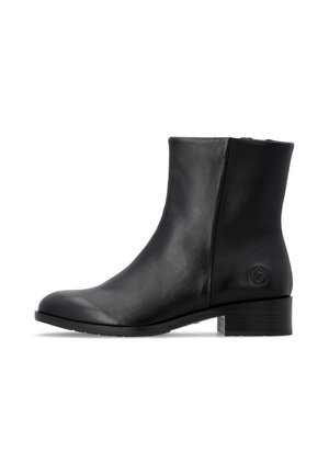 Black leather ankle boot with low block heel, rounded toe, and a logo embossed near the heel on the outer side.