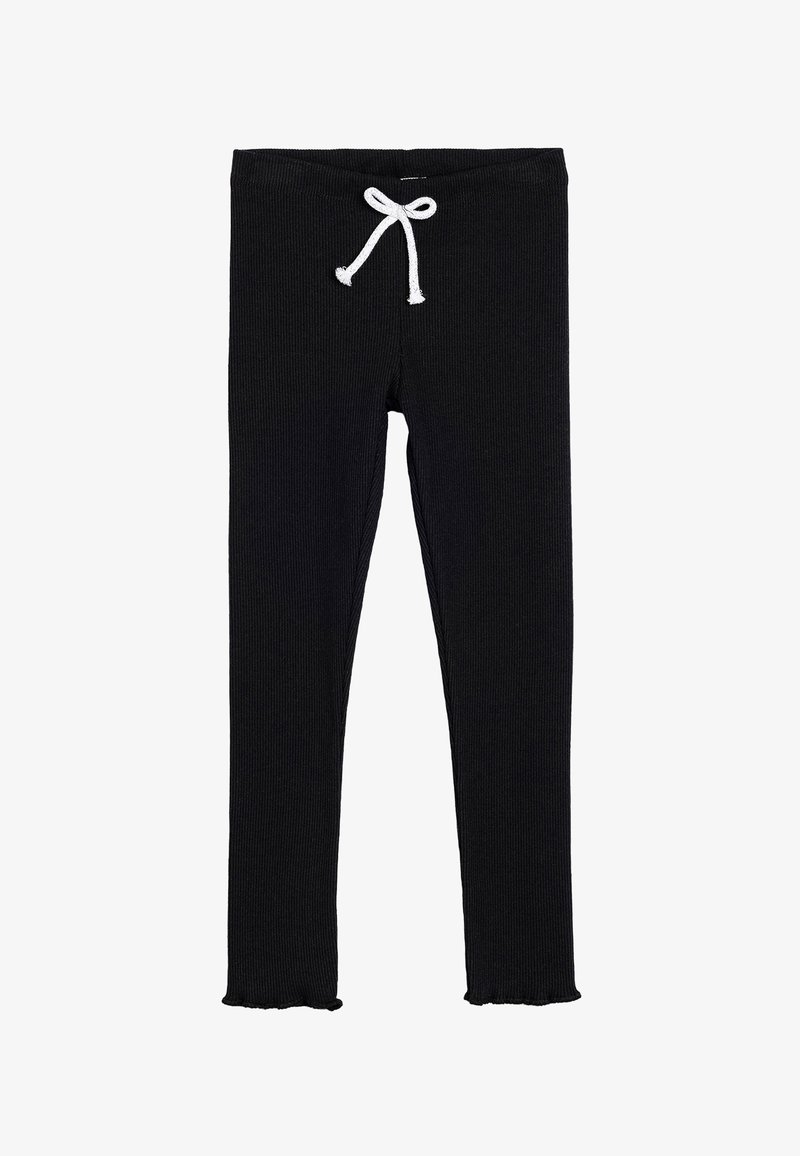 Sorte ribbede leggings med snøre i taljen, der har en tekstureret overflade og let frynsede kanter ved anklerne.