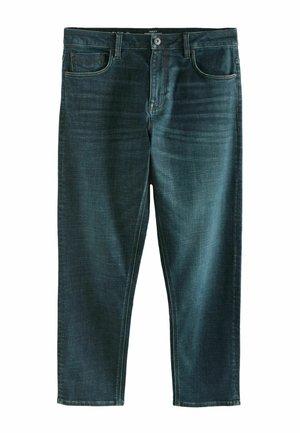 Tmavě modré džínové džíny se střihem na rovno, vybavené zapínáním na knoflíky, pěti kapsami a jemným vyblednutím na přední straně.