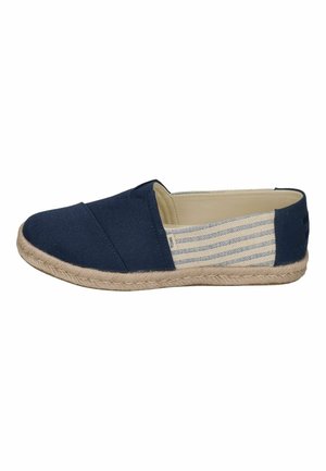 Navy canvas slip-on shoe with espadrille-style jute sole, featuring striped fabric accents and a rounded toe design.