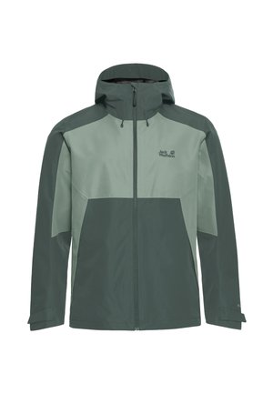 Grüne, zweifarbige wasserdichte Jacke mit hohem Kragen, Reißverschluss vorne und elastischen Bündchen. Mit Logo auf der linken Brust und strapazierfähigem Stoff.