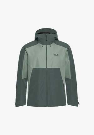 Grüne, zweifarbige wasserdichte Jacke mit hohem Kragen, Reißverschluss vorne und elastischen Bündchen. Mit Logo auf der linken Brust und strapazierfähigem Stoff.