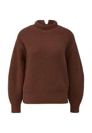 Brauner Strickpullover mit hohem, umgeschlagenem Kragen, weiten Ärmeln und strukturierter Rippoptik. Verfügt über eine verkürzte Passform und eine lockere Silhouette.
