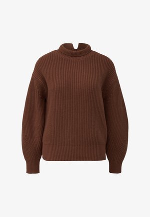 Bruine gebreide trui met een hoge, opgerolde hals, brede mouwen en een gestructureerd ribbelpatroon. Heeft een cropped pasvorm en een ontspannen silhouet.