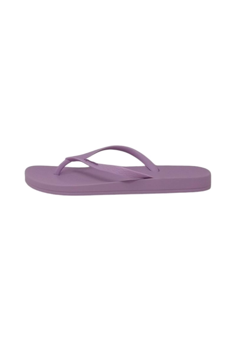Infradito viola in gomma, con suola piatta e sottili e arrotondate cinghie. Texture liscia senza motivi visibili o accessori.