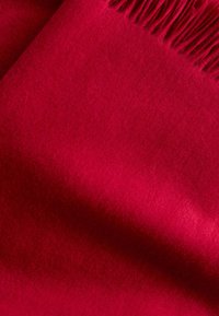 Red wool blanket with a soft texture and fringe detailing along one edge. The fabric appears thick and warm, with a smooth finish.
