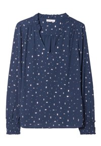 Marineblaue Bluse mit langen Ärmeln, V-Ausschnitt, Rüschenausschnitt und silbernem Diamantdruck. Verfügt über geraffte Bündchen aus elastischem Material.