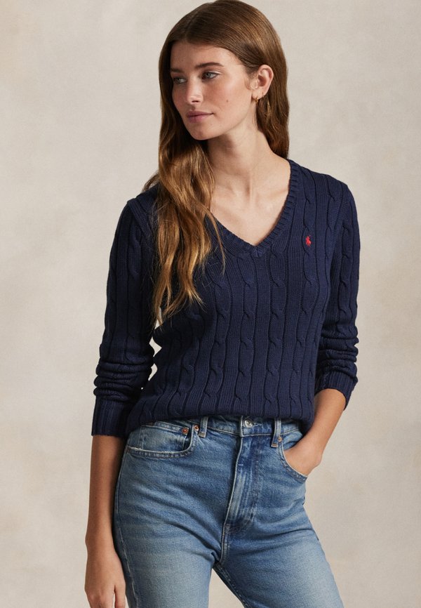 CABLE KNIT COTTON V NECK SWEATER - Jumper - marine2