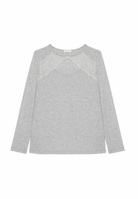 Šedý dlouhý rukáv top vyrobený z měkkého materiálu, s krajkovými detaily kolem výstřihu a kulatým límcem. Jednoduchý a rovný střih.