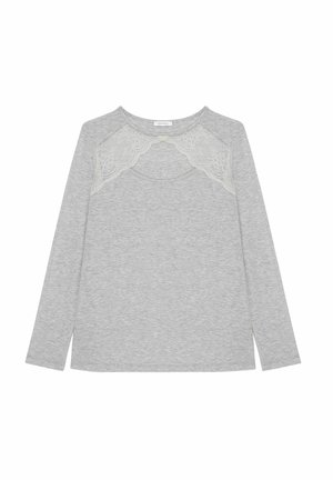 Grijze lange mouwen top gemaakt van zachte stof, met kantaccenten rond de halslijn en een ronde kraag. Eenvoudig en recht gesneden ontwerp.