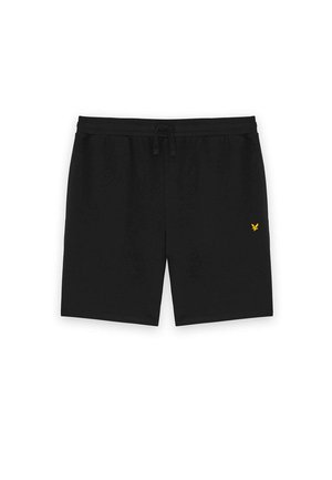 Shorts décontractés noirs avec une taille élastique et un cordon de serrage, comportant un petit logo d'oiseau jaune sur la cuisse gauche.