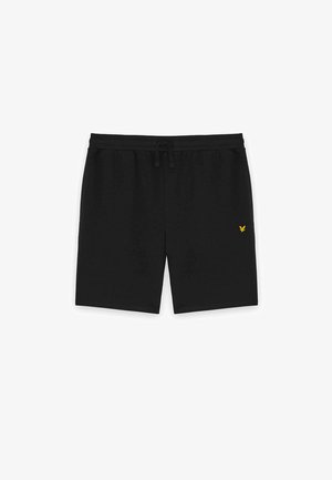 Shorts décontractés noirs avec une taille élastique et un cordon de serrage, comportant un petit logo d'oiseau jaune sur la cuisse gauche.