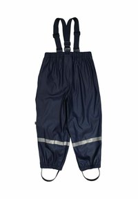 Marinblå vattentäta byxor med justerbara hängslen, elastiskt midjeband, reflektande ränder och elastiska fotremmar för en säker passform.