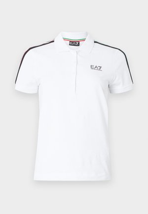 White polo shirt with short sleeves, three-button placket, brand logo on chest, and black, green, and red stripes on shoulders.