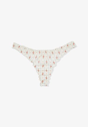 Weiße Rüschen-String-Unterwäsche mit vertikalen pastellblauen Streifen und kleinen rosa Blumenmustern.