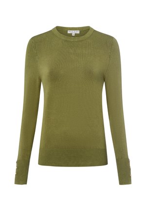 Olivengrüner Pullover aus einem glatten, dehnbarem Stoff. Verfügt über einen runden Halsausschnitt und lange Ärmel mit Knopfakzenten an den Bündchen.