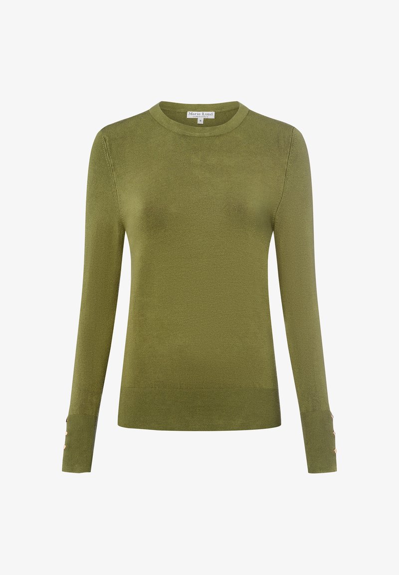 Olivengrüner Pullover aus einem glatten, dehnbarem Stoff. Verfügt über einen runden Halsausschnitt und lange Ärmel mit Knopfakzenten an den Bündchen.