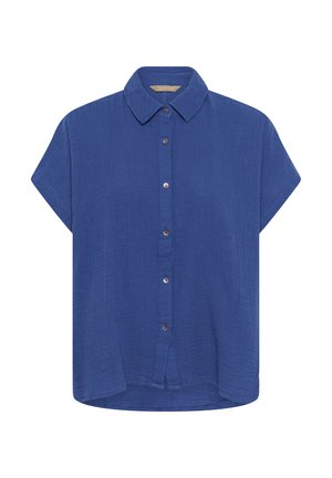 Sinise tekstuuriga riidest lühikeste varrukatega särgi, millel on krae ja nööbid, kujutis valgel taustal.