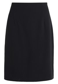 Svart blyertskjol, skräddarsydd design, knälängd, tillverkad av ett slätt tyg med en lätt lyster, har subtila framtillningar och inga synliga stängningar.