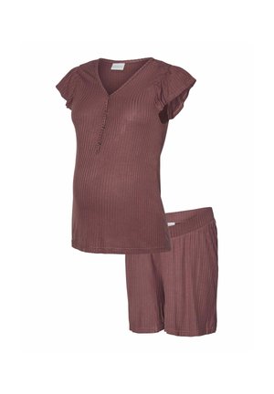 Maternity loungewear set in mauve, featuring a ribbed, short-sleeve top with a V-neck and buttons, paired with matching shorts.