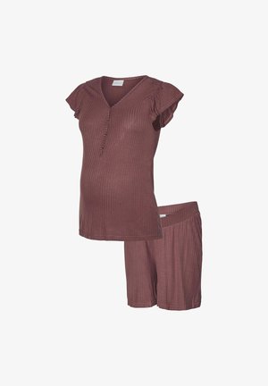 Set za udobno nošnjo med nosečnostjo v mauve barvi, ki vključuje rebrast zgornji del s kratkimi rokavi, V-izrezom in gumbi, ter usklajene kratke hlače.