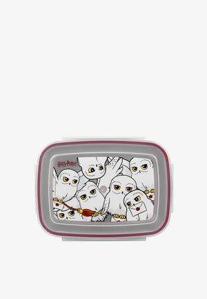 Lunchbox rettangolare in plastica con coperchio lavanda, caratterizzato da un motivo di gufo bianco, base grigia e logo "Harry Potter" in rosso.