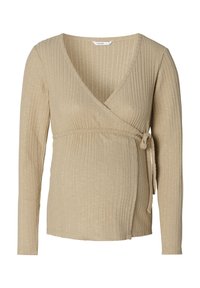 Beige ribbat långärmad graviditetstopp med v-ringning och knytning i midjan. Mjuk textur, åtsittande design och mångsidig för lager-på-lager.