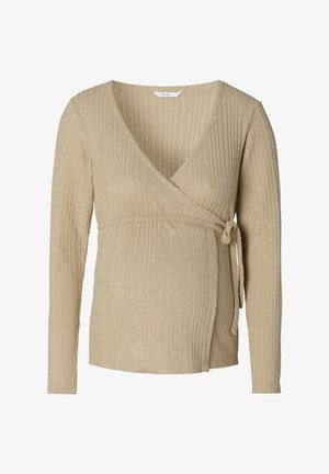 Beige ribbet graviditetsbluse med lange ærmer, v-haud og bindebånd i taljen. Blød tekstur, tætsiddende design og alsidig til lagdeling.