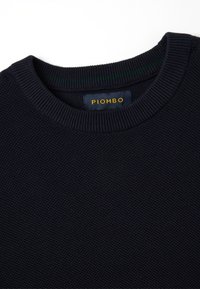 Maglione in maglia navy con un coltondo a coste, caratterizzato da una striscia verde all'interno del collo e un'etichetta "PIOMBO".