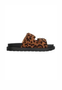 Sandales à glissière en imprimé léopard avec semelle noire plate, dotées d'un design ouvert et de deux larges sangles qui se chevauchent. Texture douce, style décontracté.