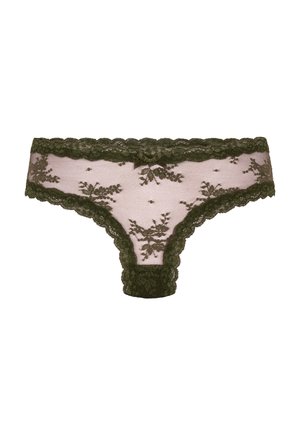 Transparante kanten bikini-slip in olijfgroen met bloemmotieven en gegolfde randen, voorzien van een klein strikje in het midden van de tailleband.